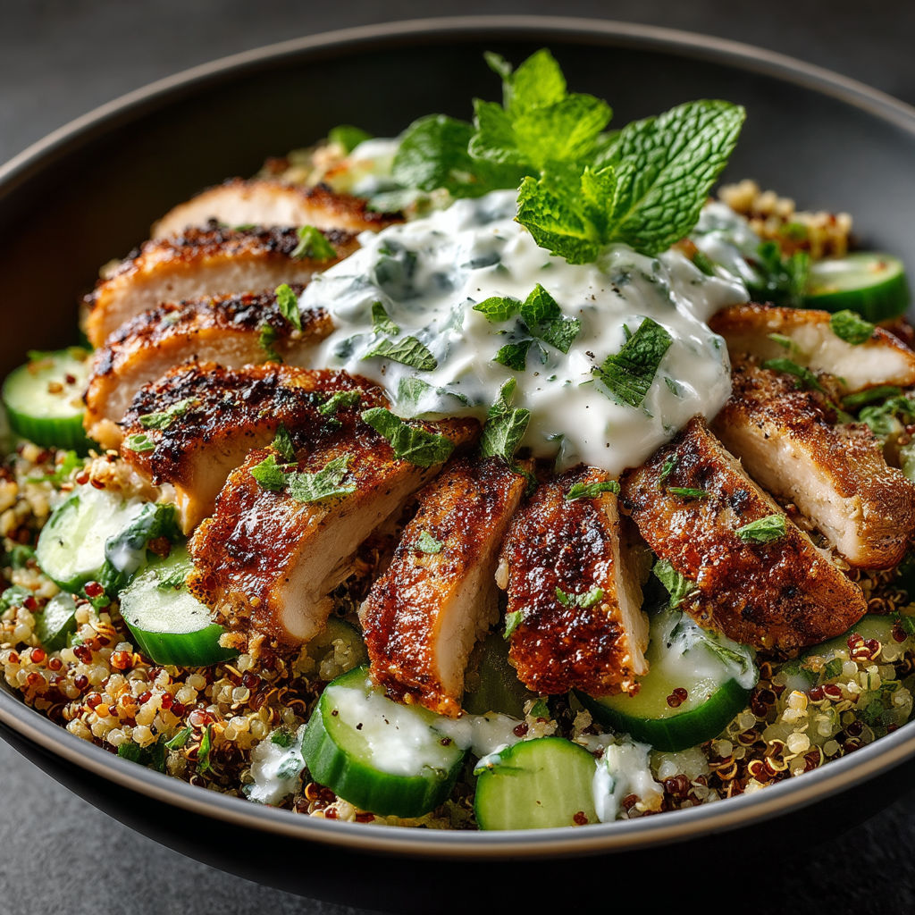 A bowl of food with chicken and mint.