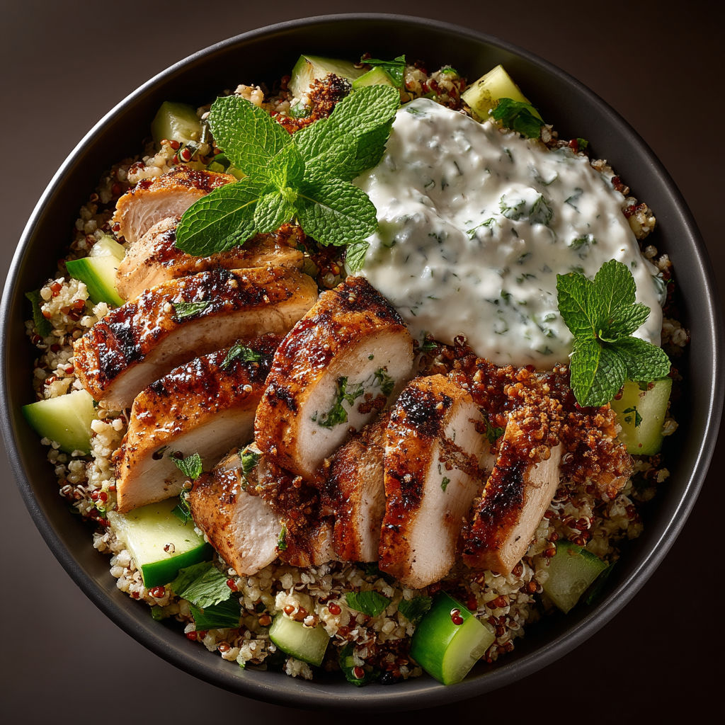A bowl of food with chicken, cucumbers, mint, and yogurt.