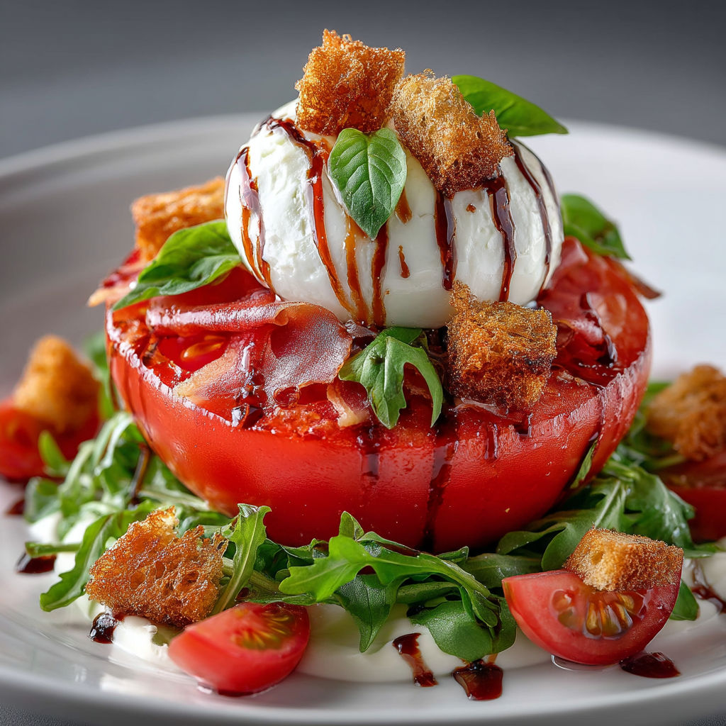 A plate of food with a tomato, cheese, and sauce.