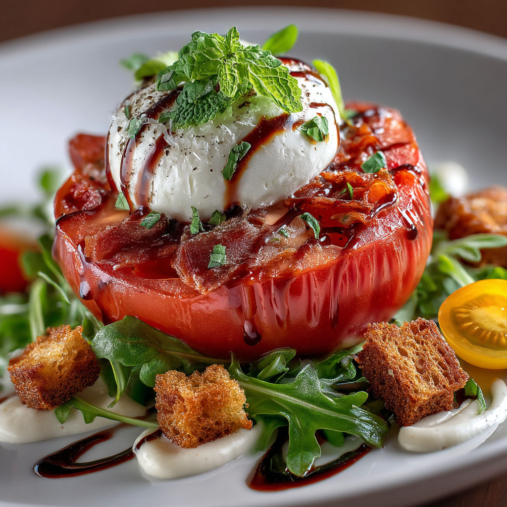 A plate of food with a tomato, cheese, and bacon.