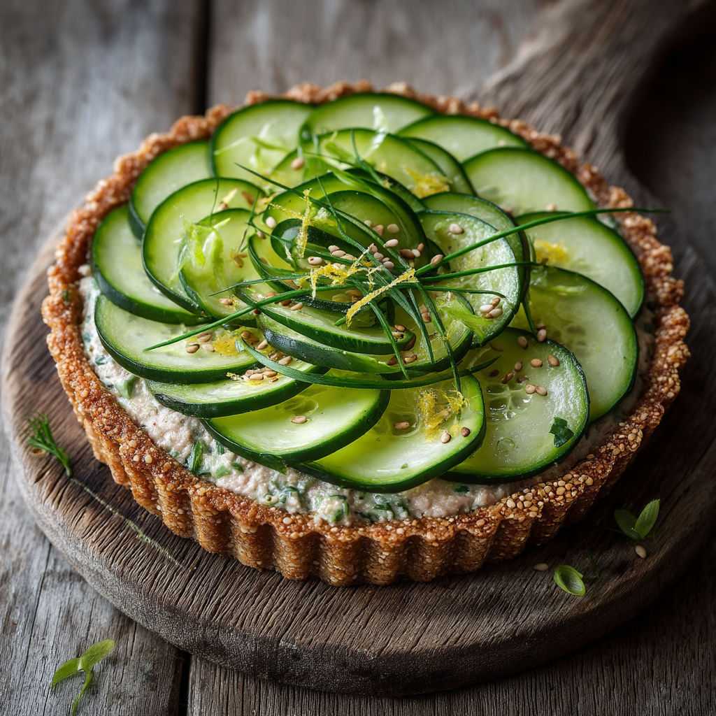 A slice of cake with cucumber slices on top.