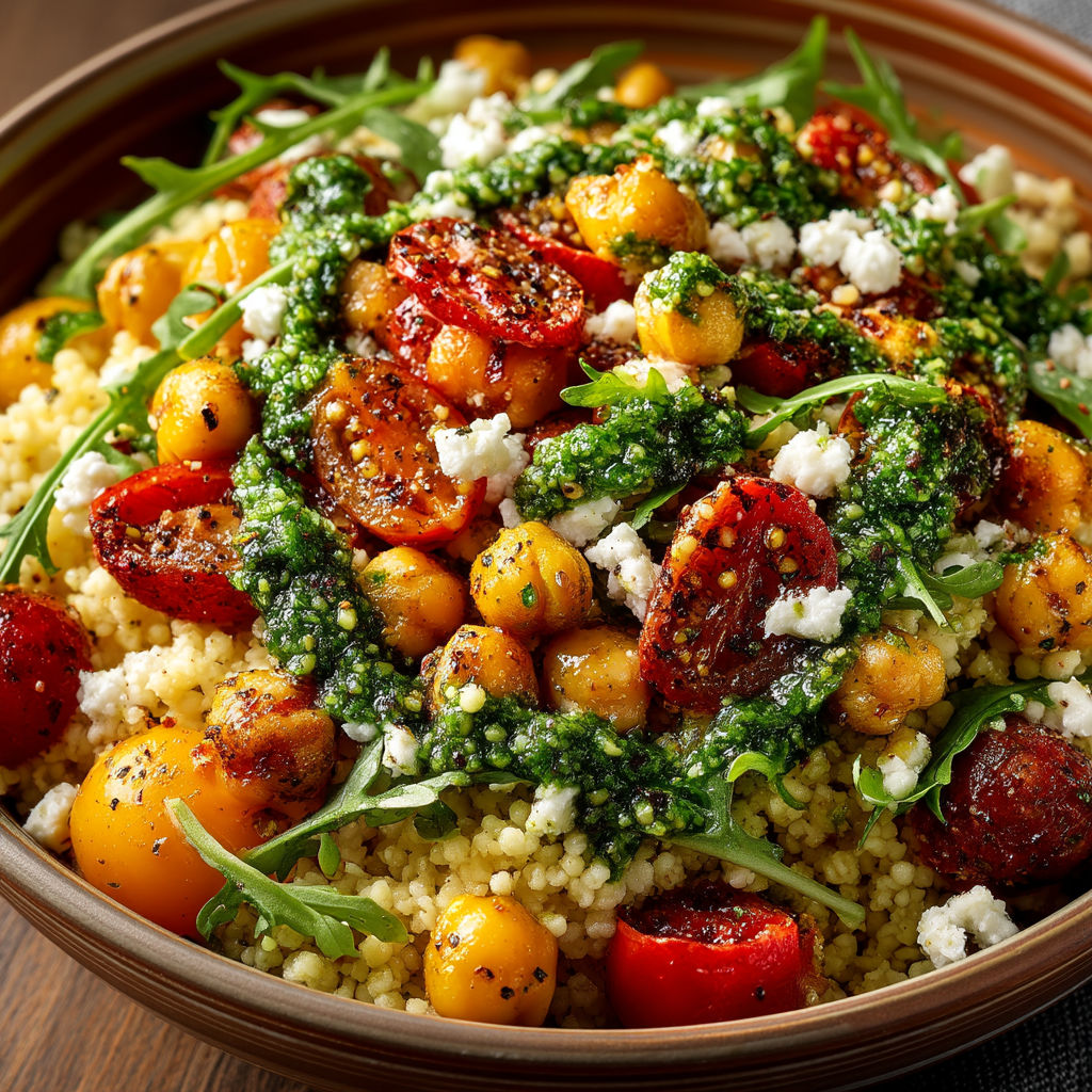 A bowl of salad with tomatoes, cucumbers, and pesto.