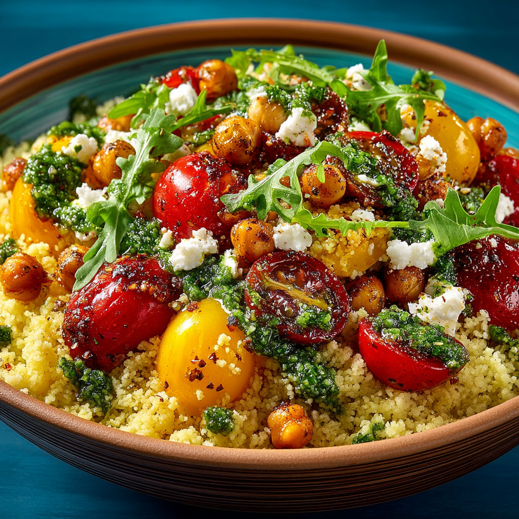 A bowl of salad with tomatoes, cucumbers, and pesto.