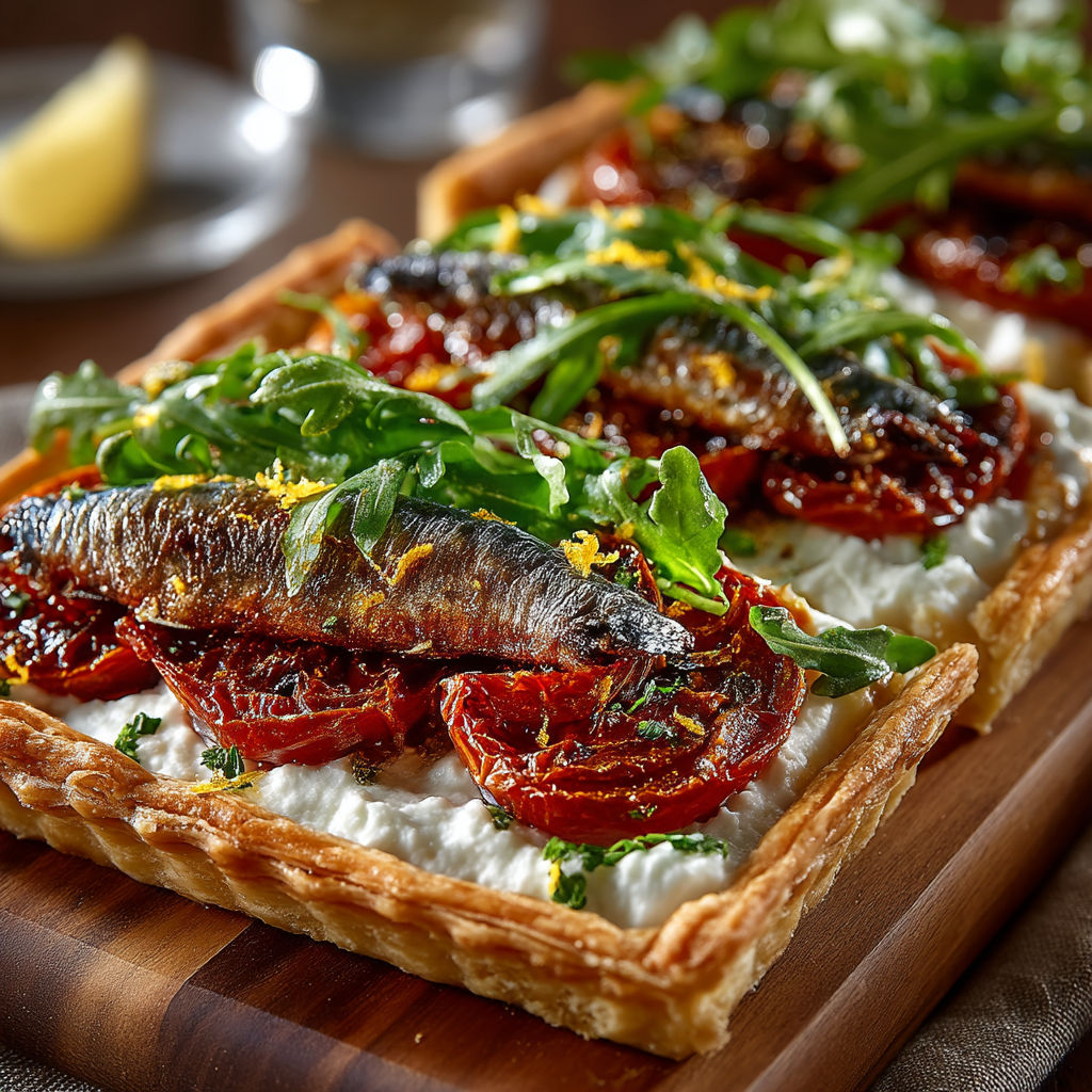 A delicious looking meal of sardines, tomatoes and ricotta.