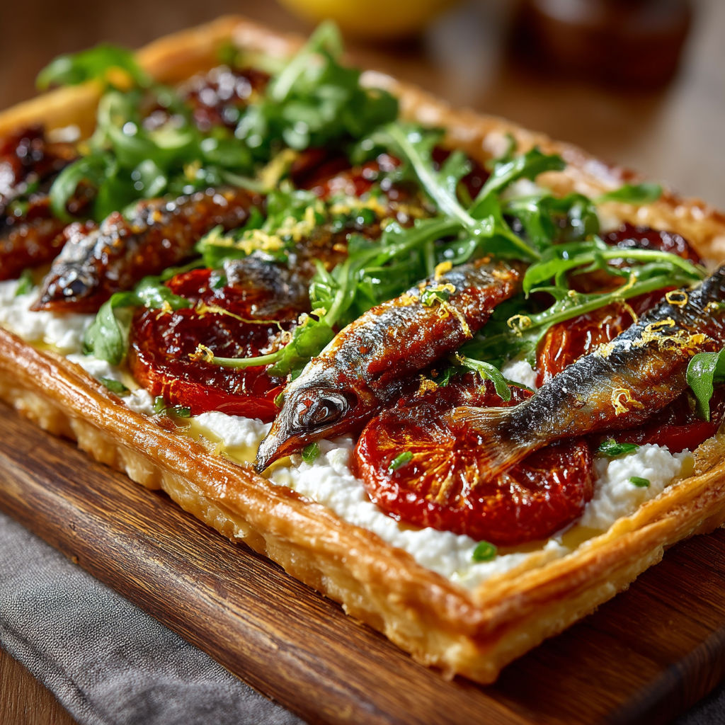 A close up of a delicious tarte fine with ricotta, tomates and sardines.