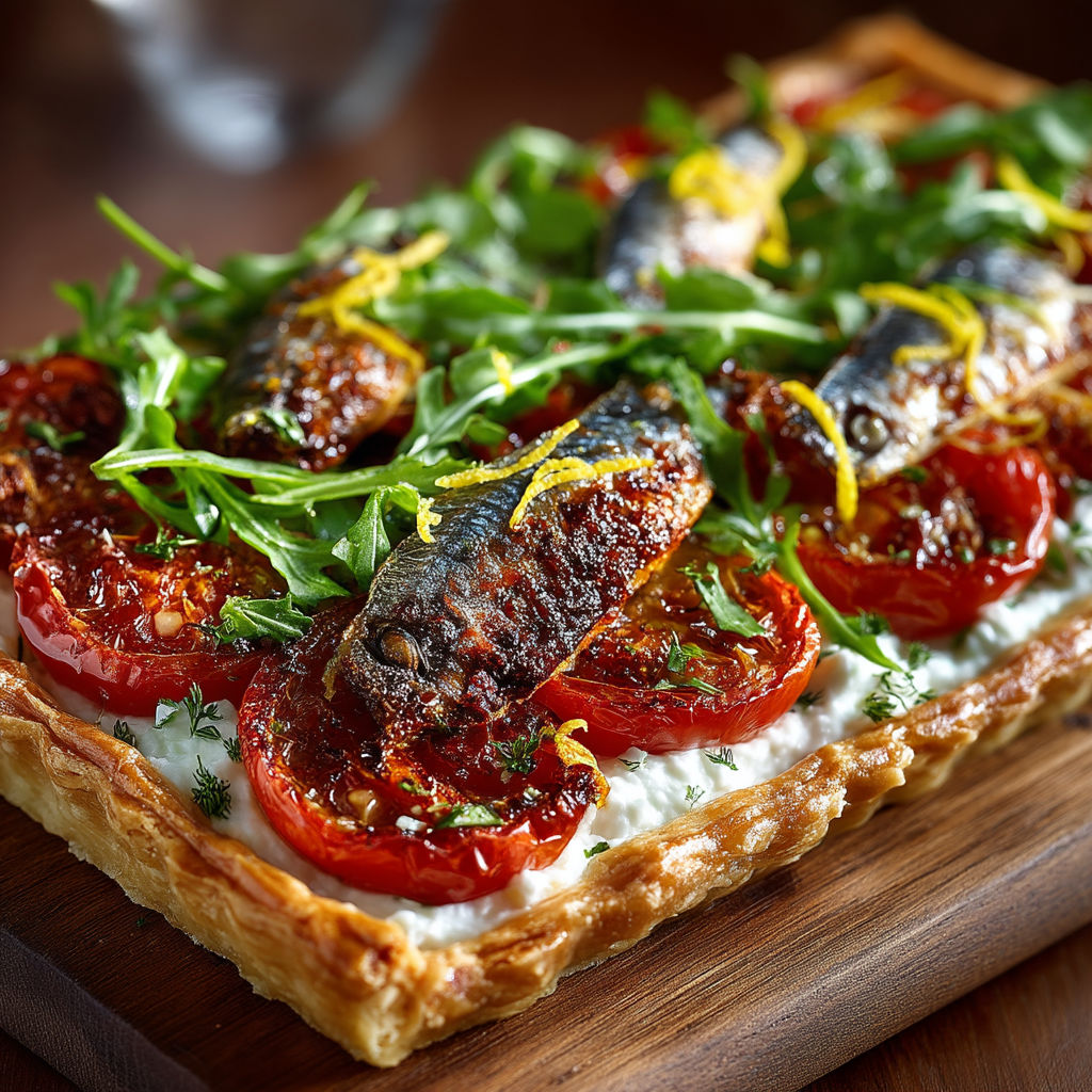 A delicious looking tarte fine with tomatoes and sardines.