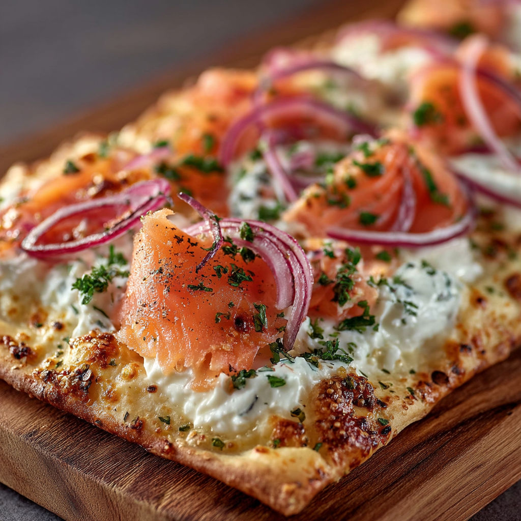 A close up of a pizza with salmon and onions.