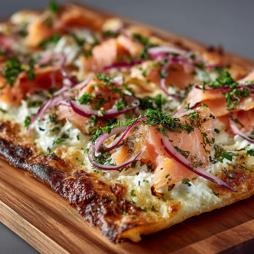 A pizza with salmon and onions on a wooden board.