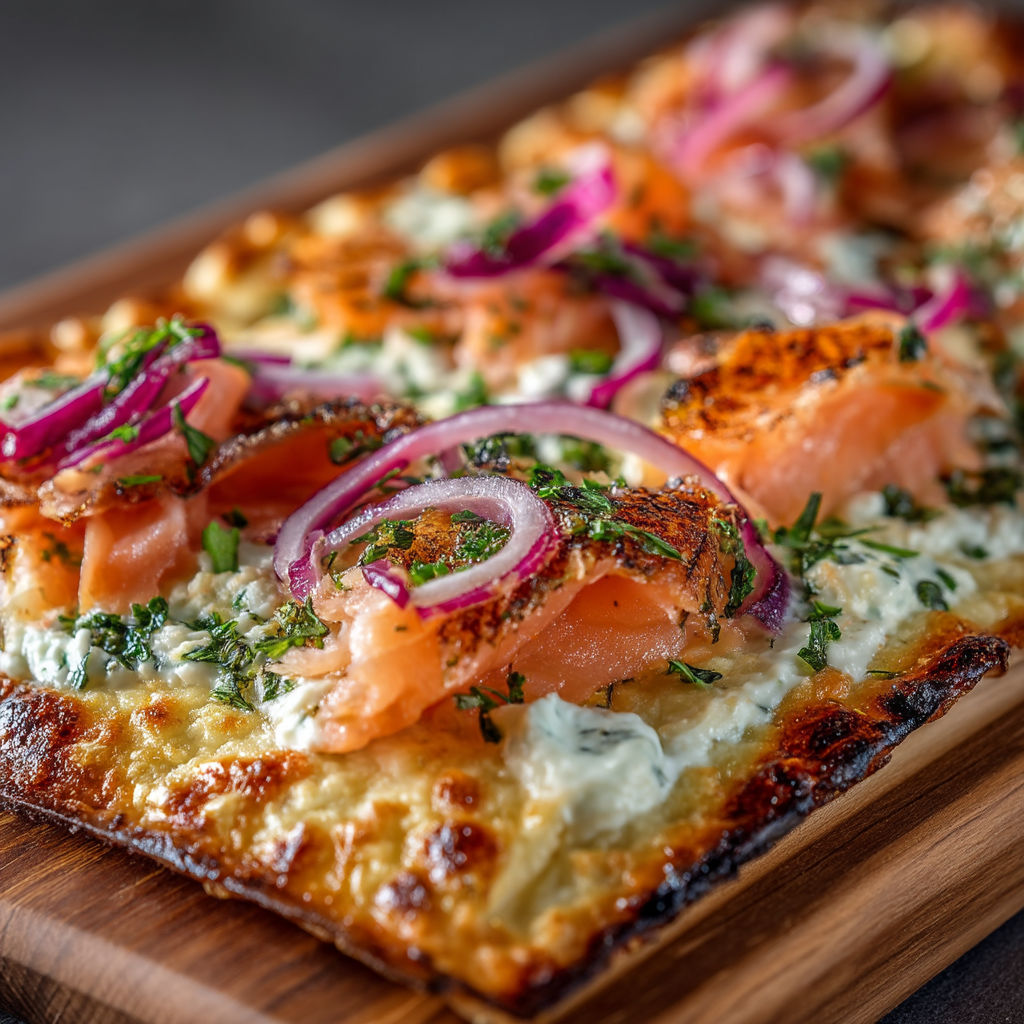 A pizza with salmon and onions on top.