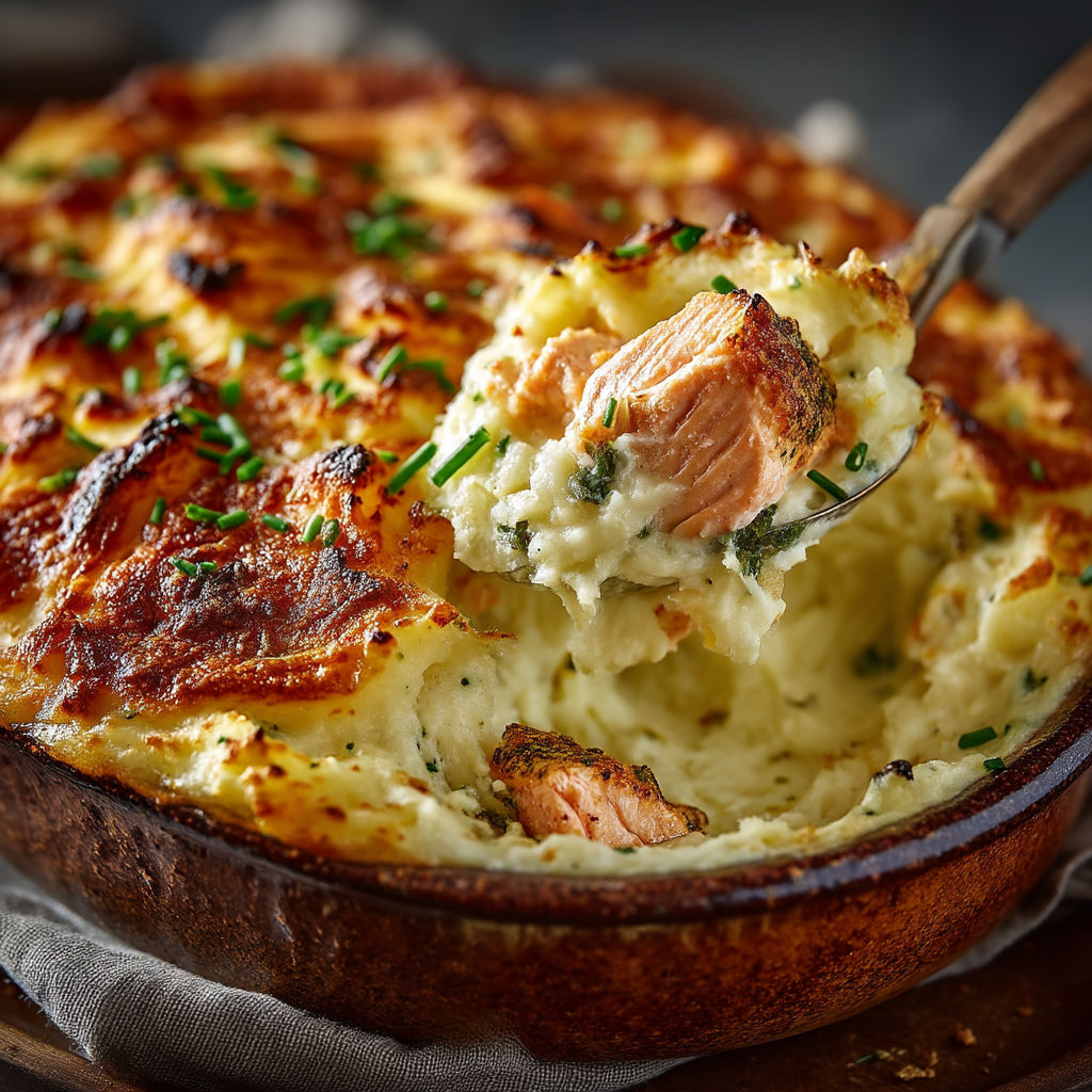 A close up of a dish with salmon and herbs.