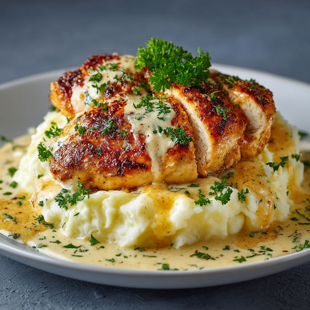 A plate of food with chicken and potatoes.