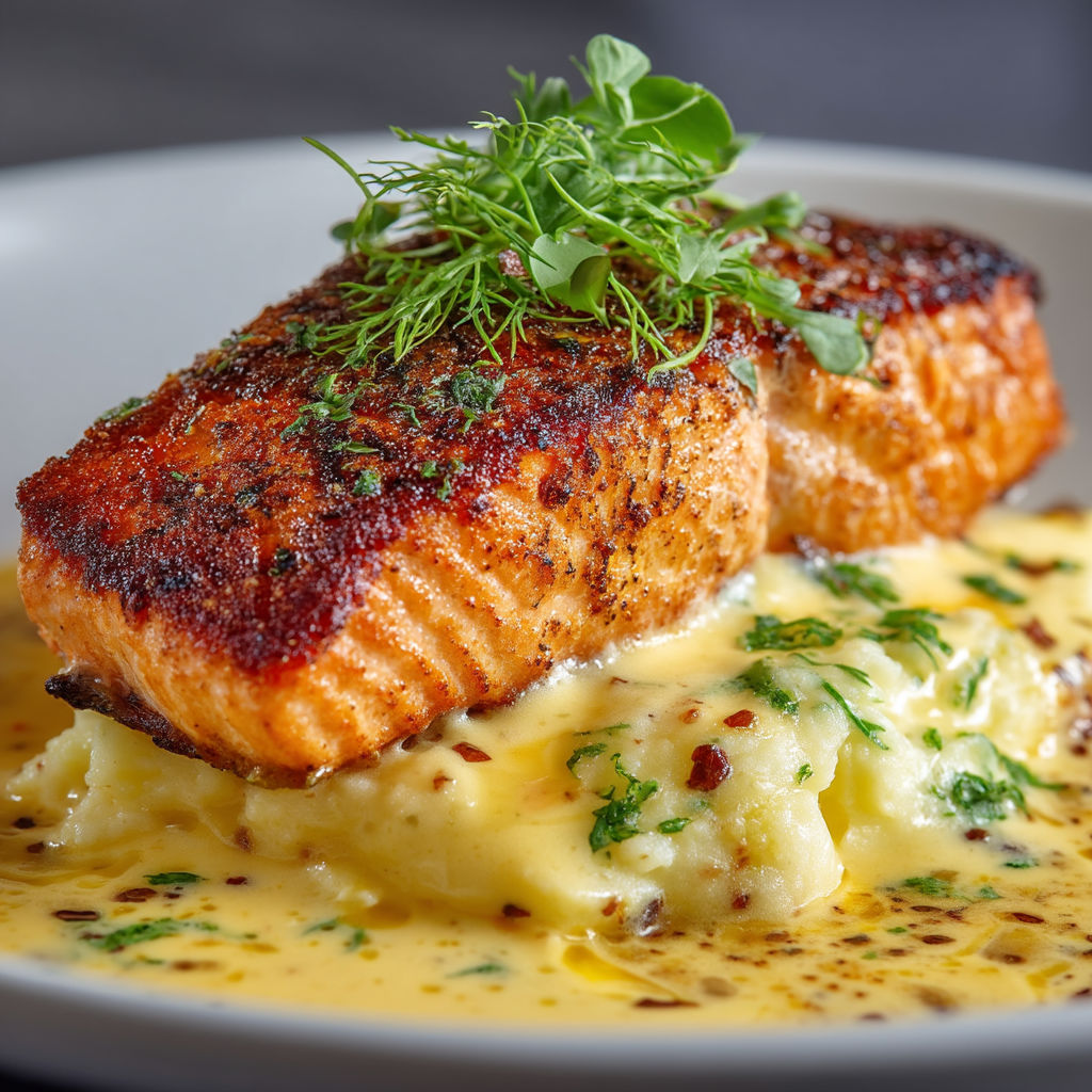 A plate of food with a salmon fillet on top.