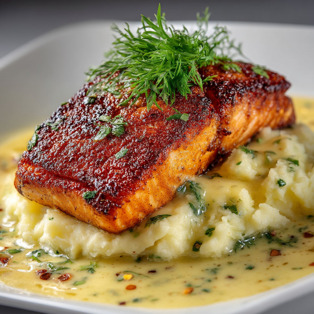 A plate of food with a salmon fillet on top.