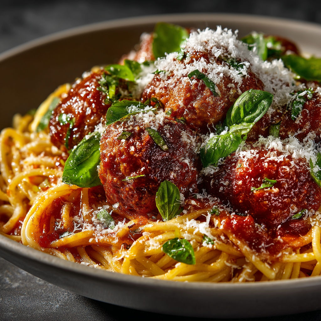 A bowl of pasta with meatballs and cheese.
