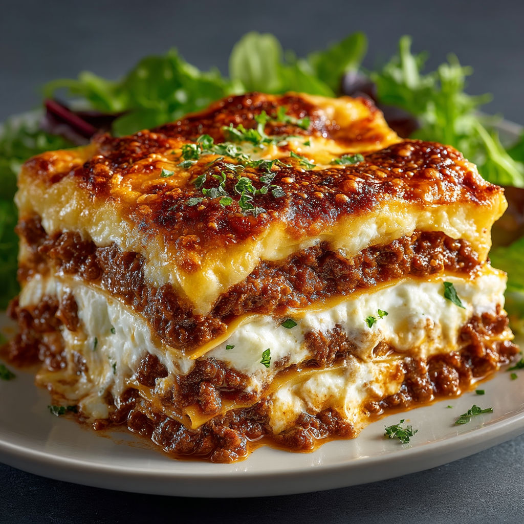 A plate of lasagna alla bolognese.