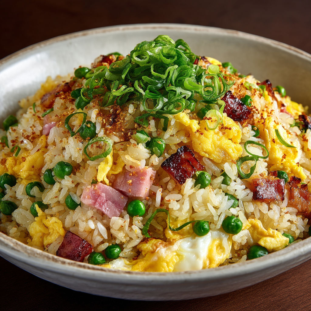 A bowl of rice with peas and ham.