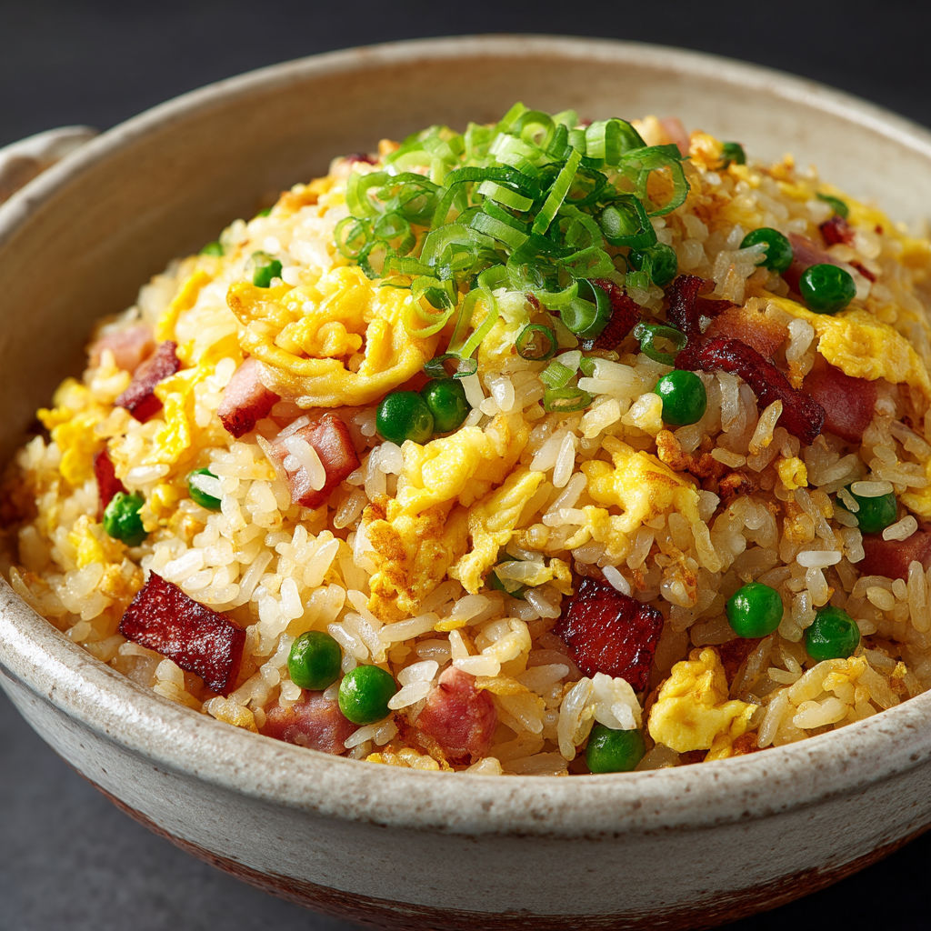 A bowl of rice with peas and ham.