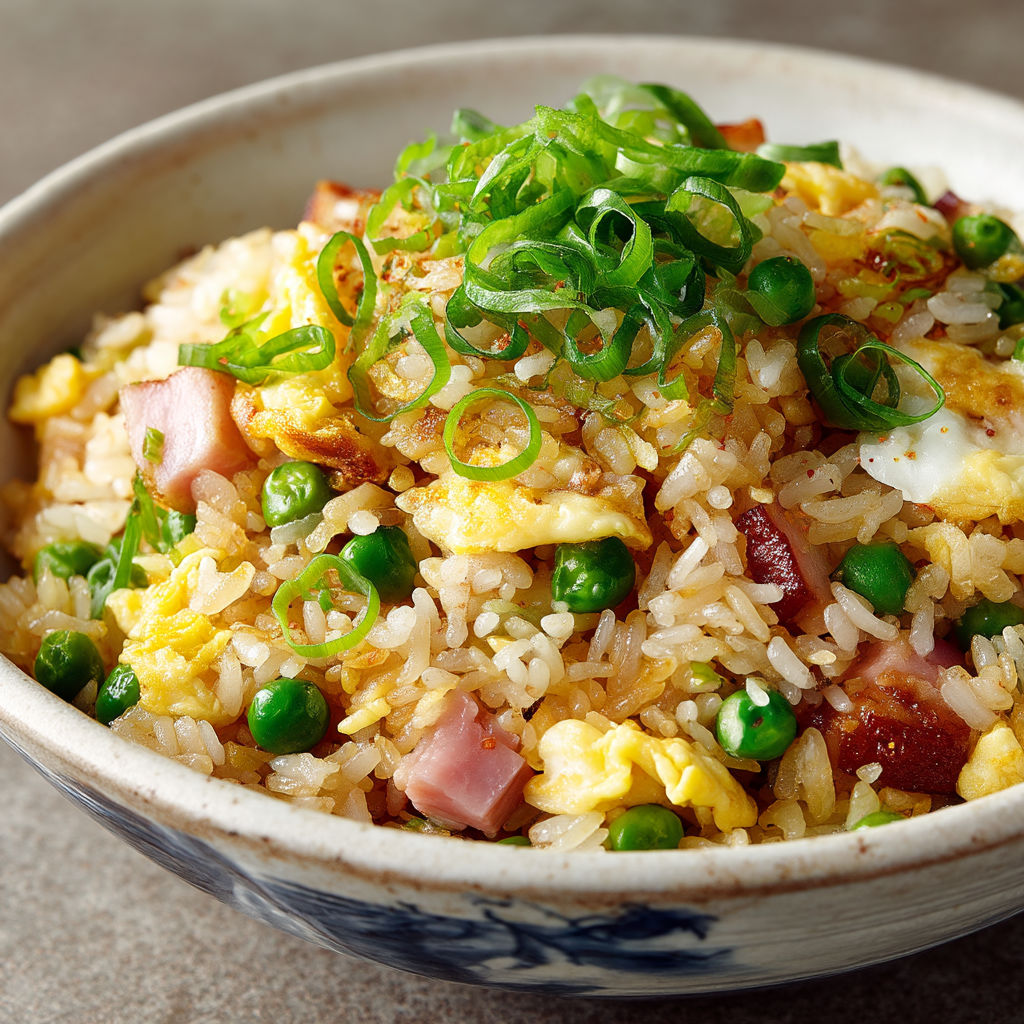 A bowl of rice with peas and ham.