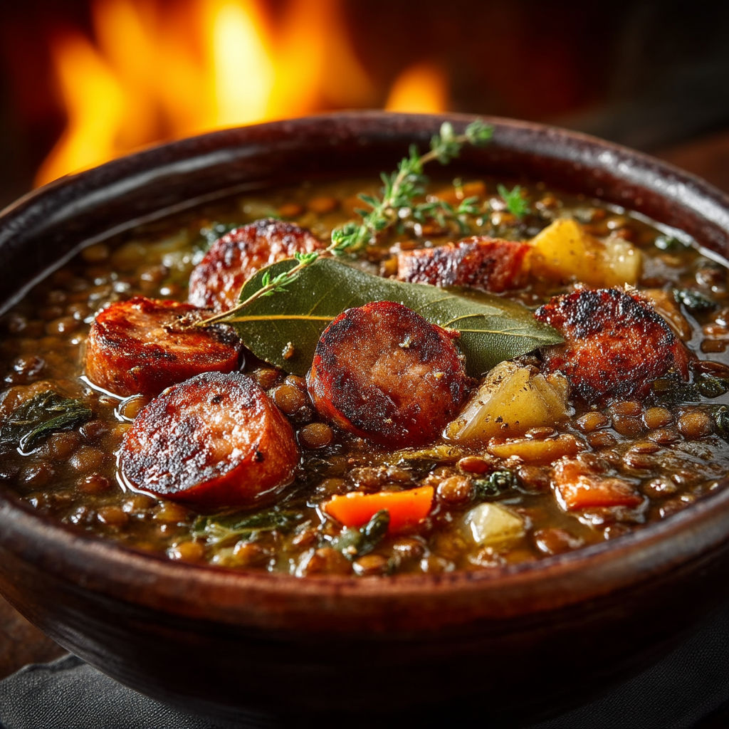 A bowl of sausage and lentils.