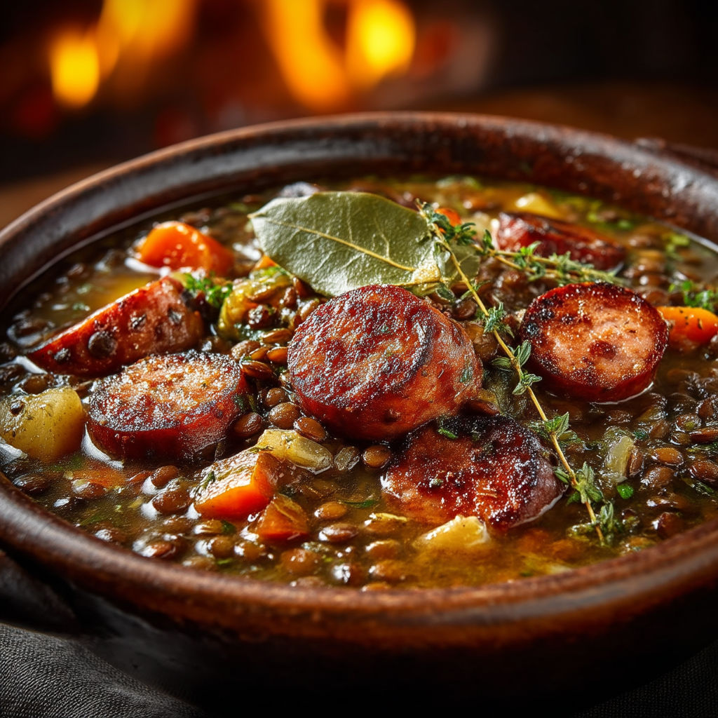 A bowl of soup with sausage and vegetables.