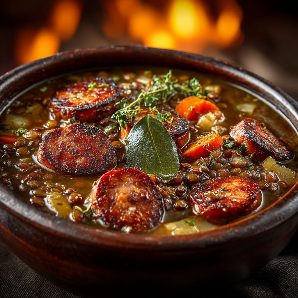 A bowl of soup with a variety of vegetables and meat.