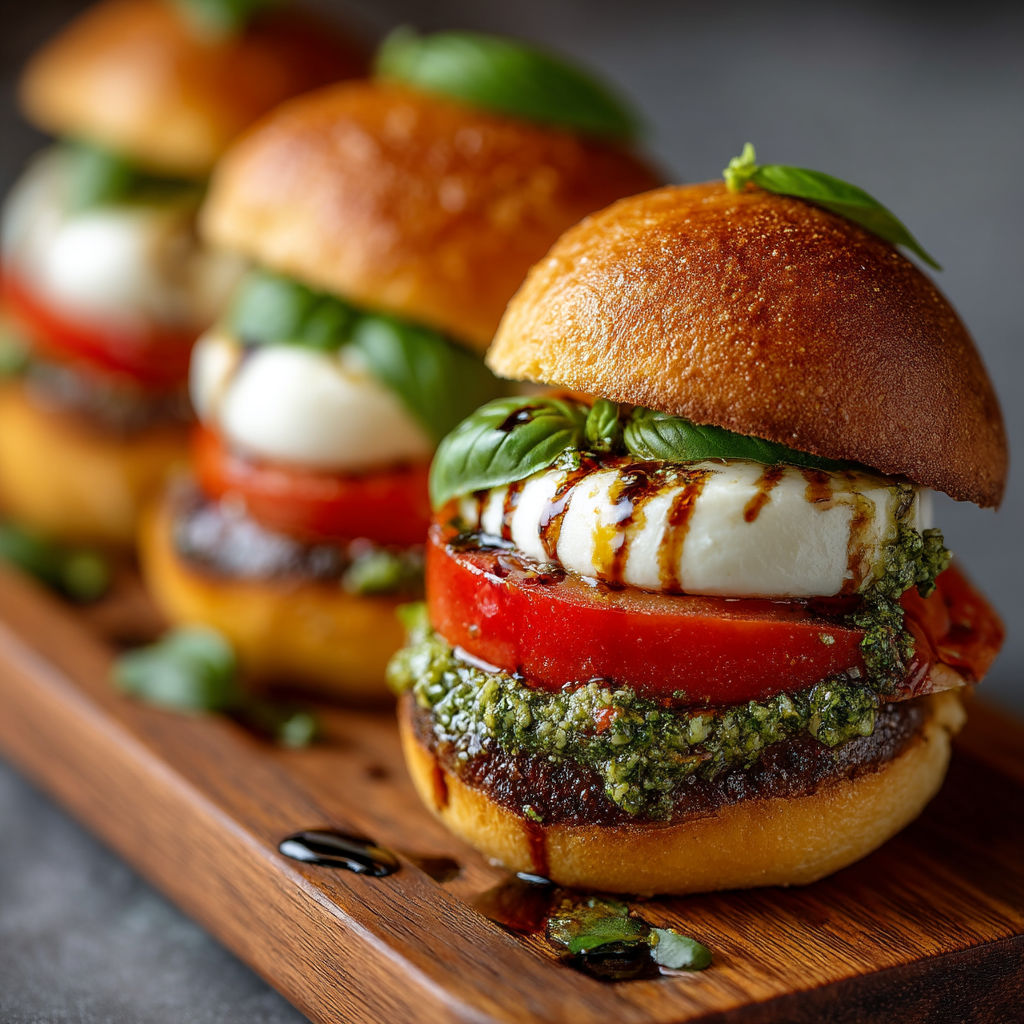 Three mini burgers with tomatoes and basil.