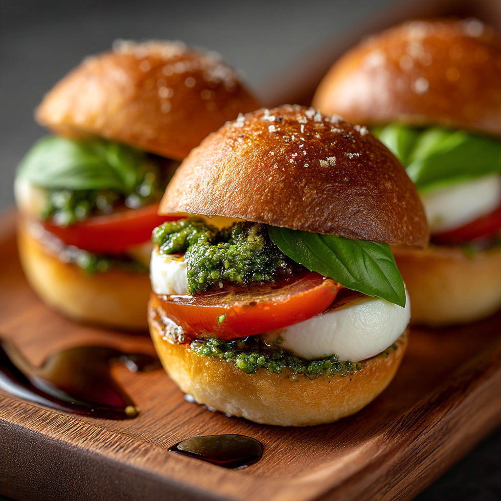 Three mini sandwiches with tomatoes and basil.