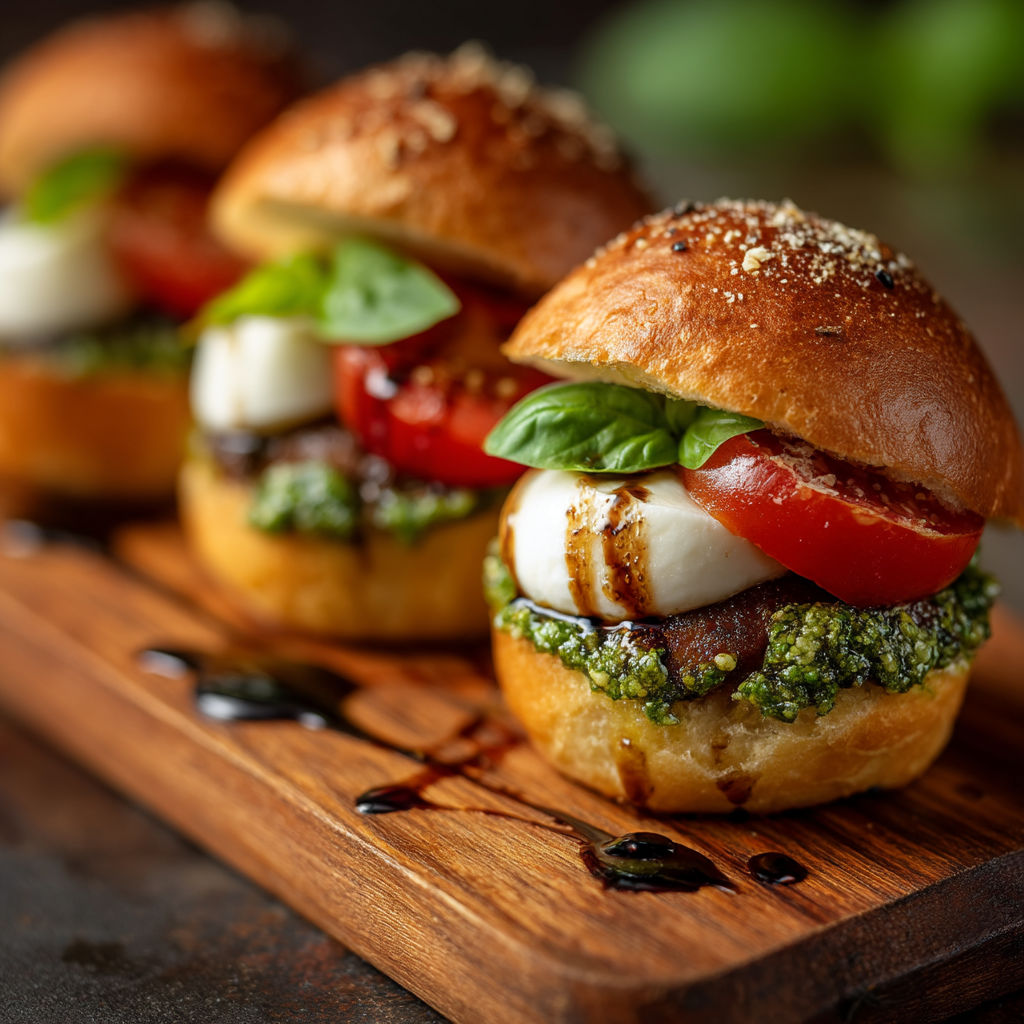 Three sandwiches with tomatoes and basil.