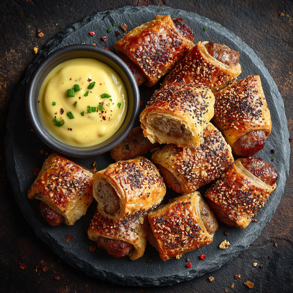 A plate of sausage rolls with a dipping sauce.