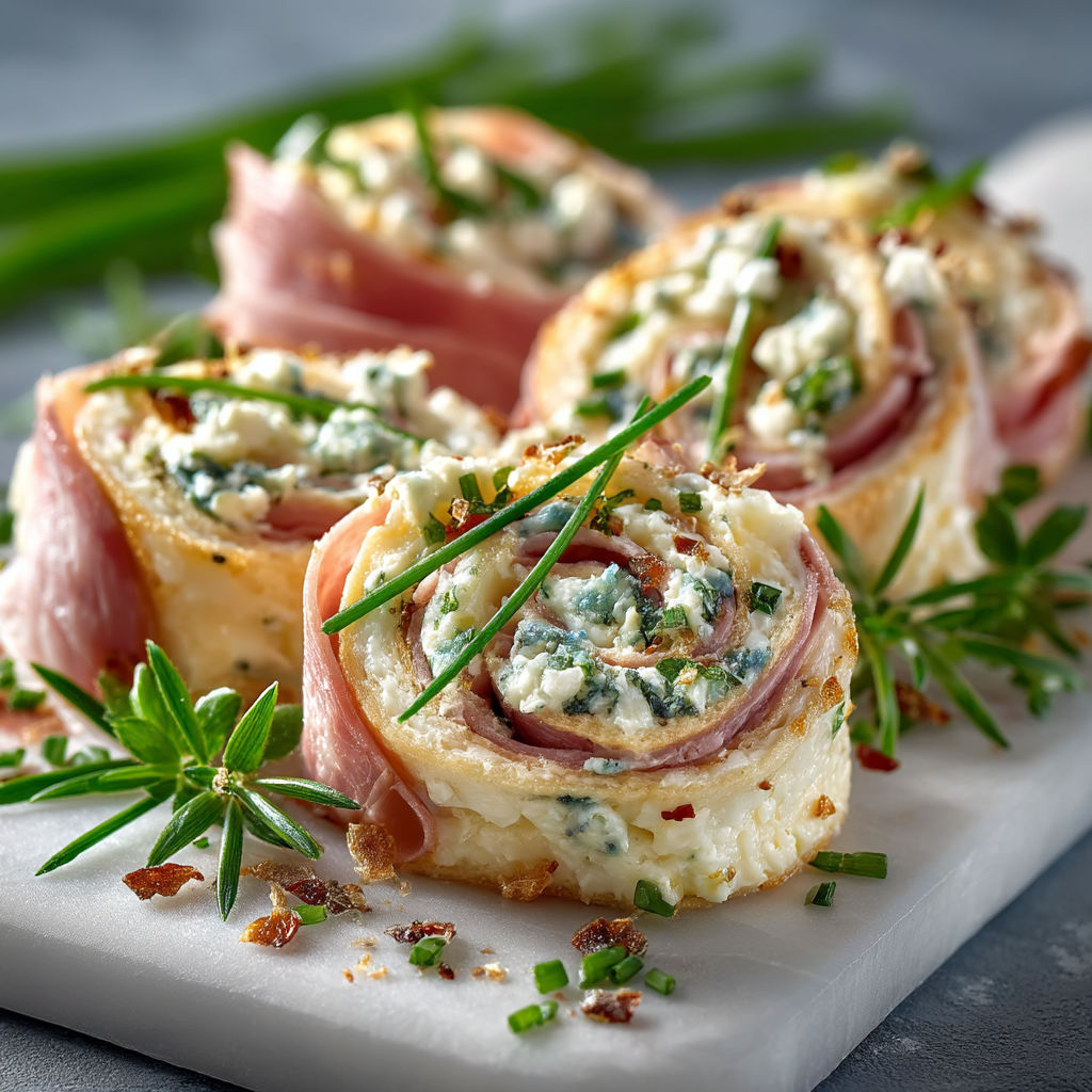 A plate of food with a blue cheese and ham roll.
