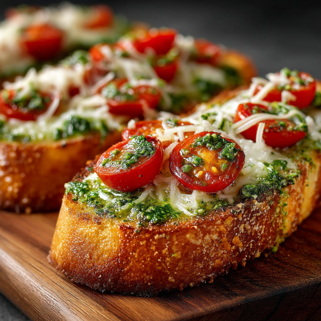 A close up of a grilled baguette with tomatoes, mozzarella, and pesto.