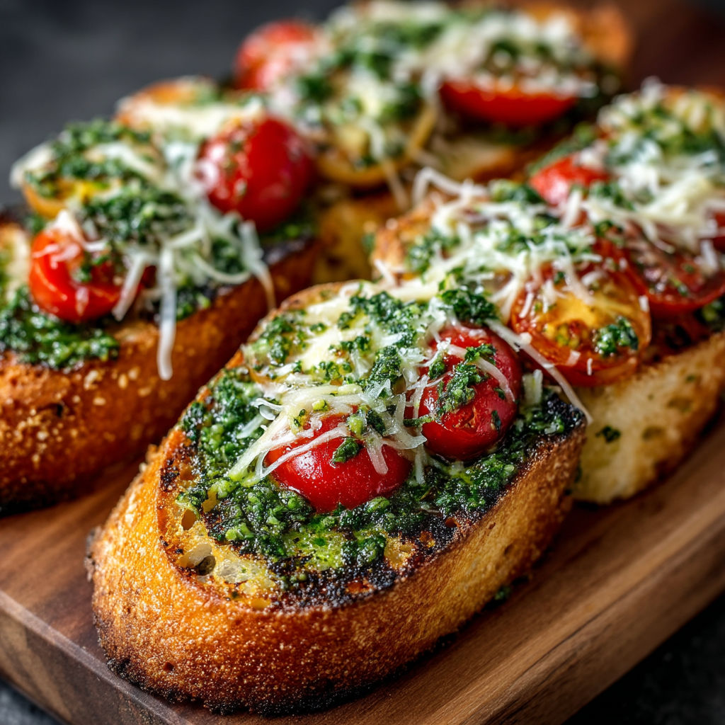 A grilled baguette with tomatoes, mozzarella, and pesto.