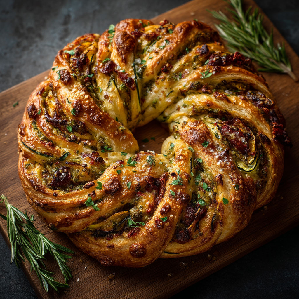 A baked dish with a twisted bread and vegetables.