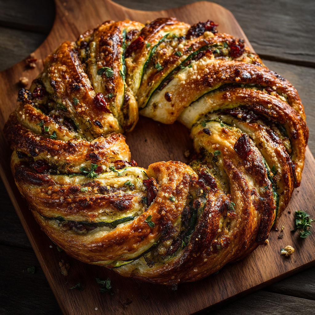 A baked pastry on a wooden board.