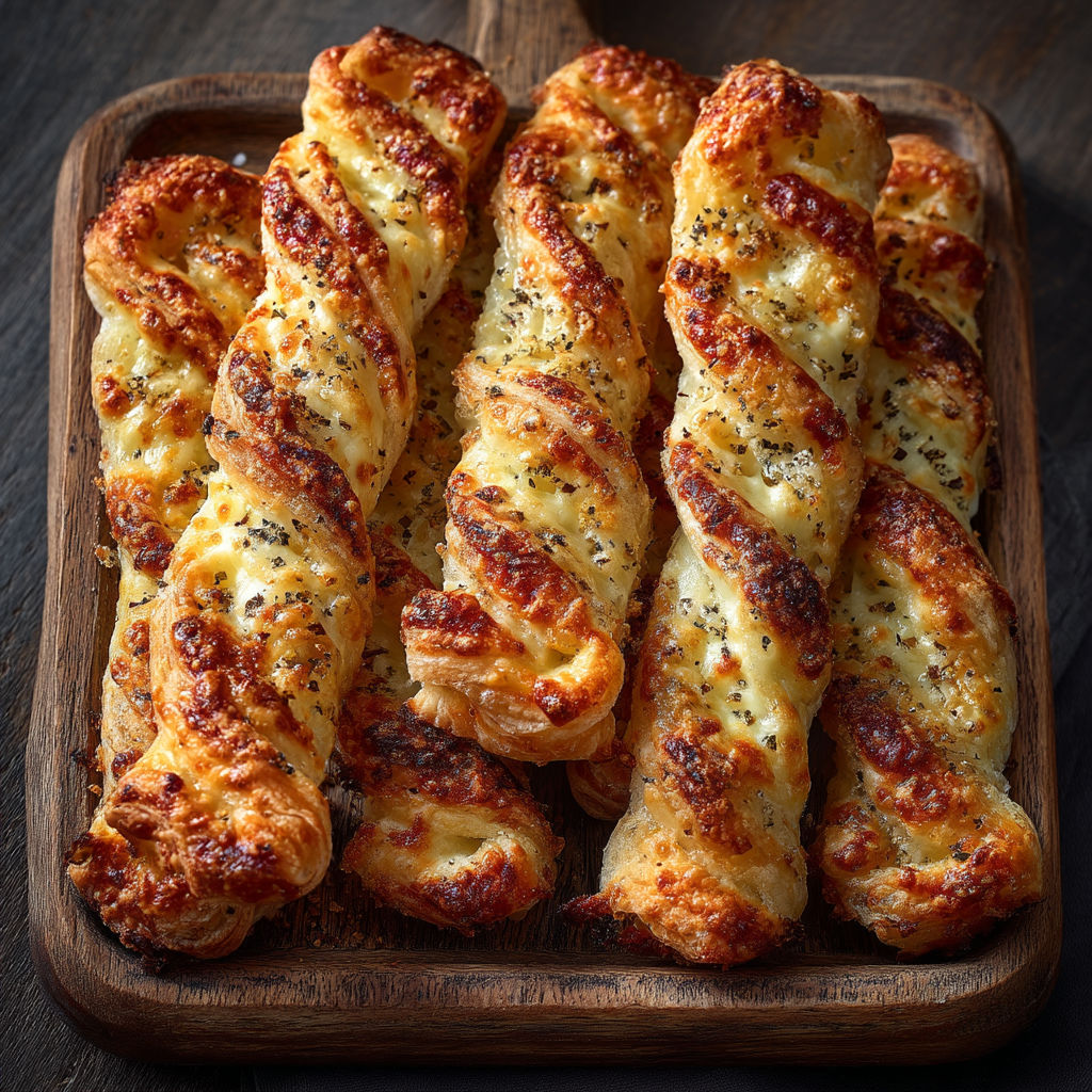 A wooden board with cheese straws on it.