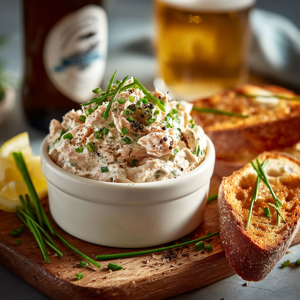 A bowl of tuna salad with bread and a beer.