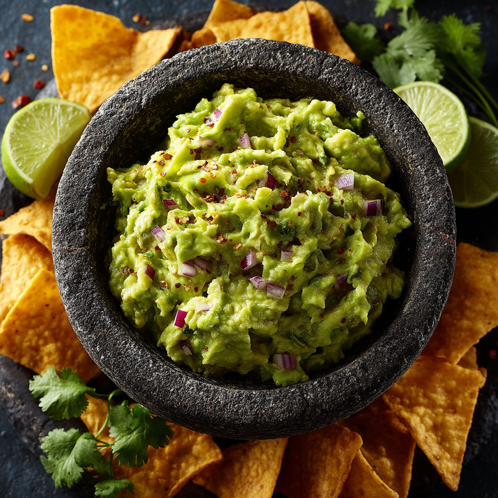 A bowl of guacamole with chips.
