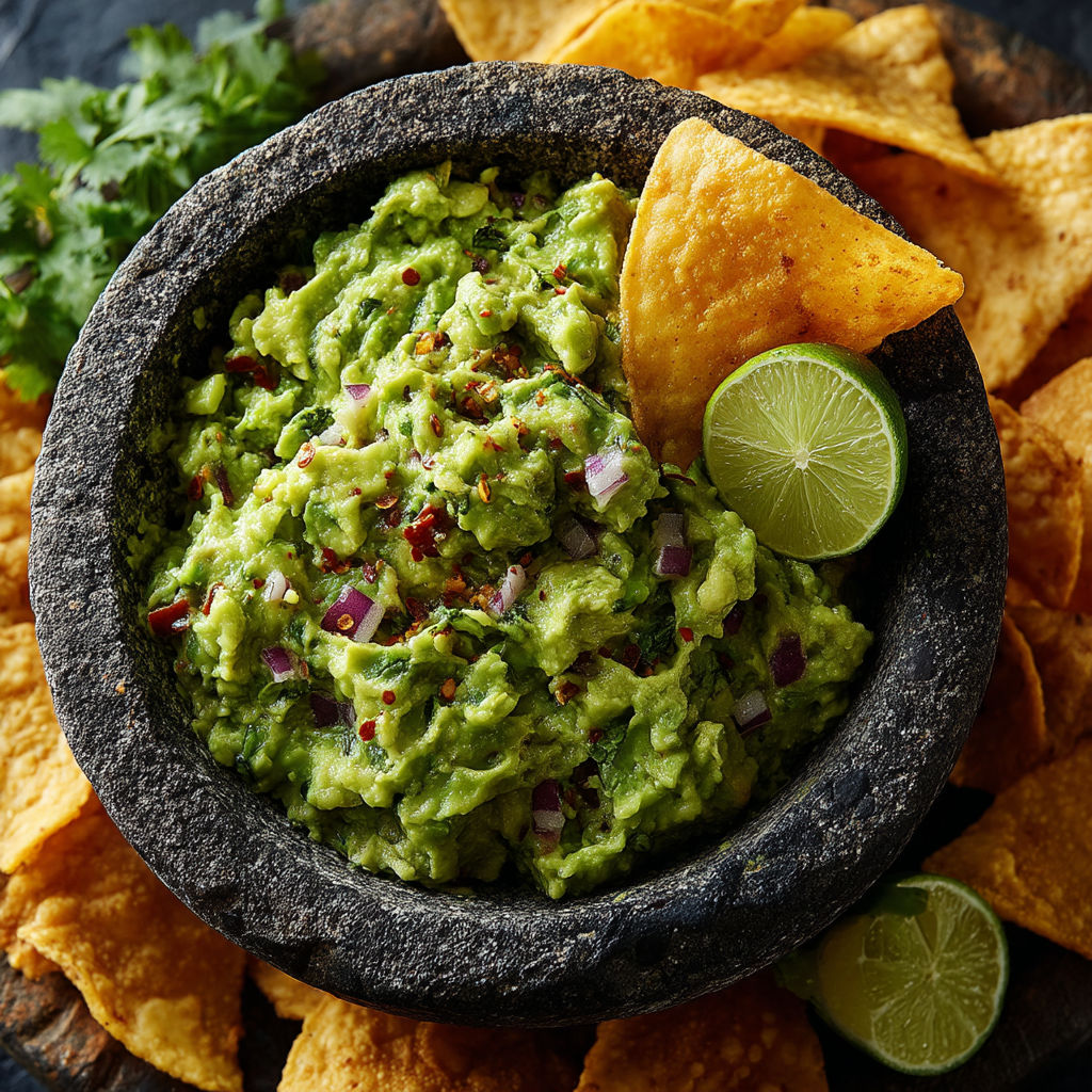 A bowl of guacamole with chips.
