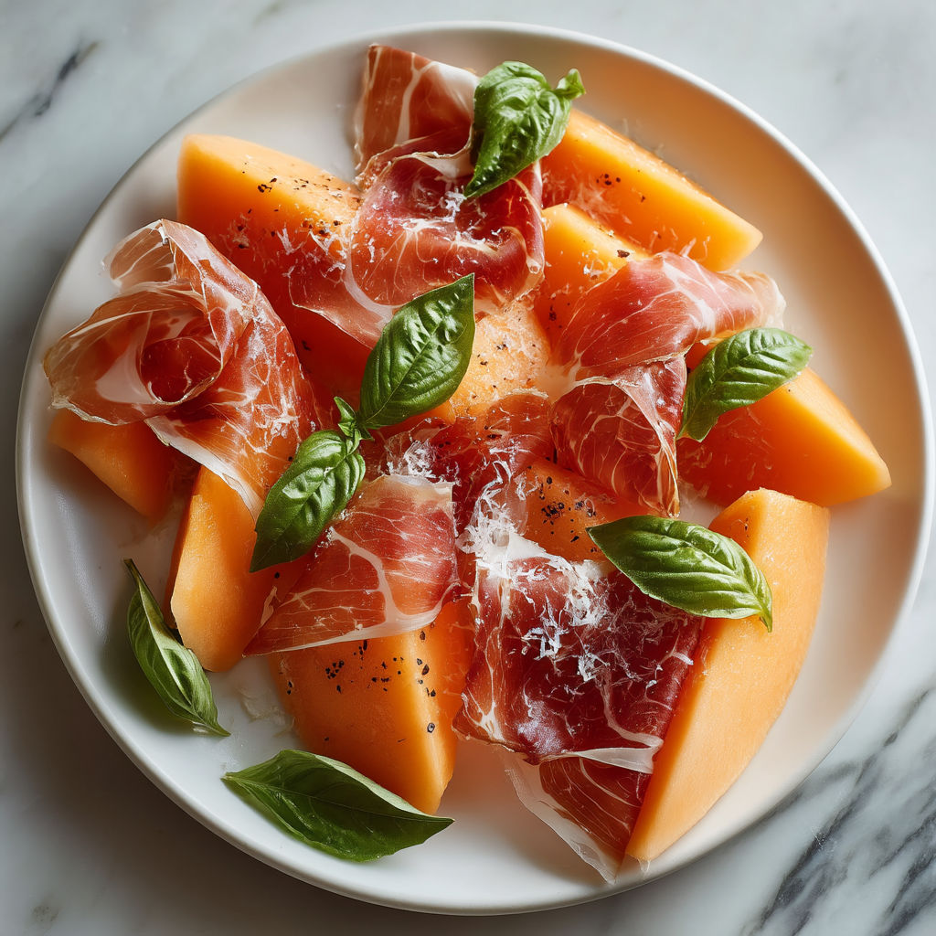 A plate of sliced melon with ham and basil.