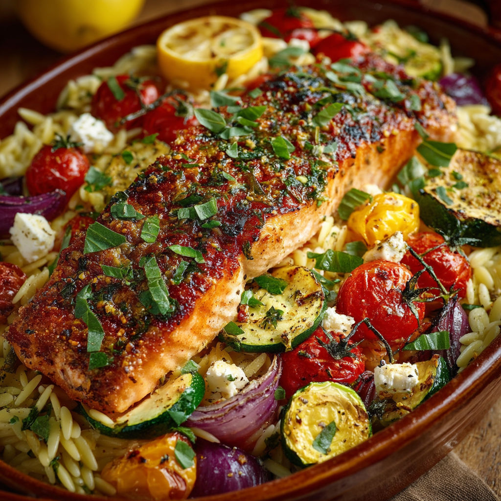 A dish of grilled salmon, tomatoes, onions, and zucchini.
