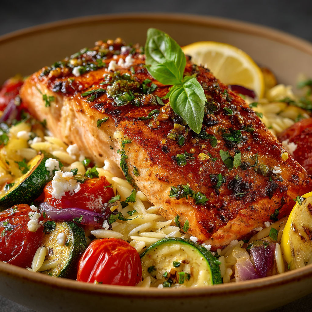 A plate of food with saumon, feta, and vegetables.