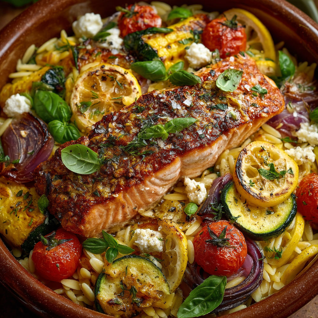 A bowl of food with salmon, feta cheese, and vegetables.