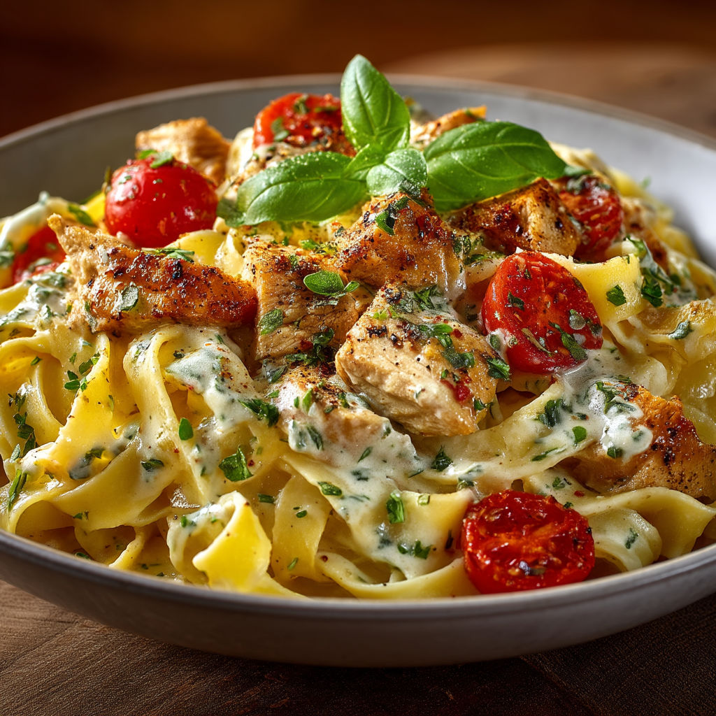 A plate of pasta with chicken and cherry tomatoes.