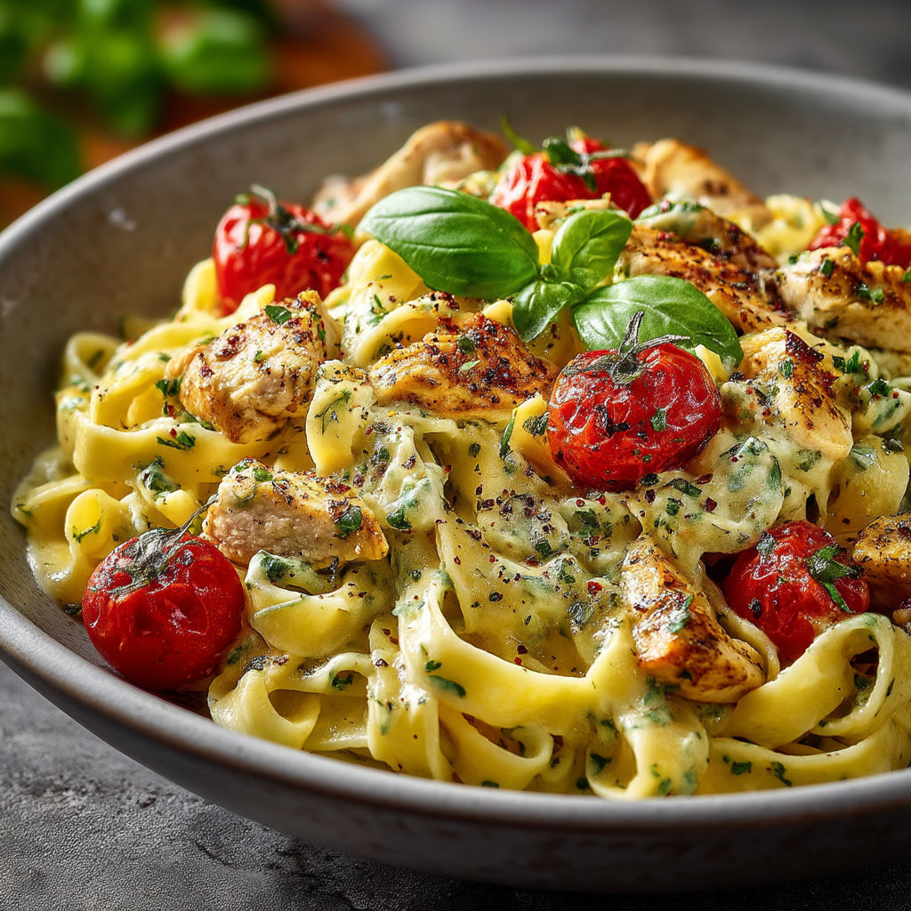 A bowl of pasta with meat and tomatoes.