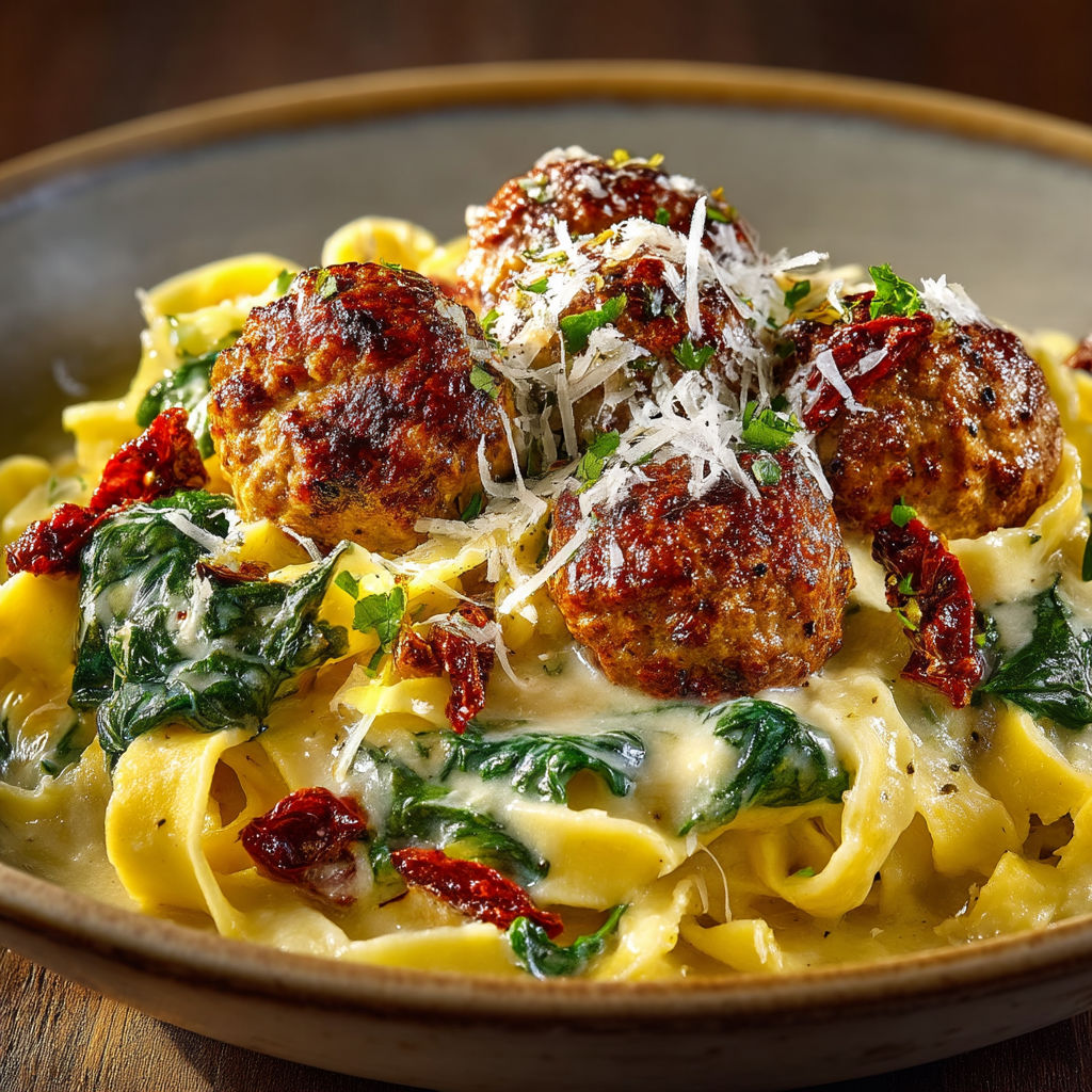 A plate of pasta with meatballs and cheese.