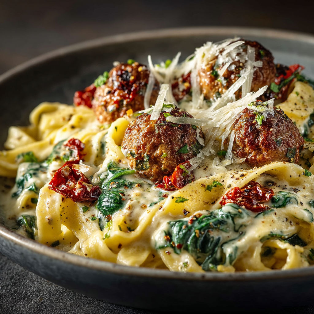 A plate of pasta with meatballs and cheese.