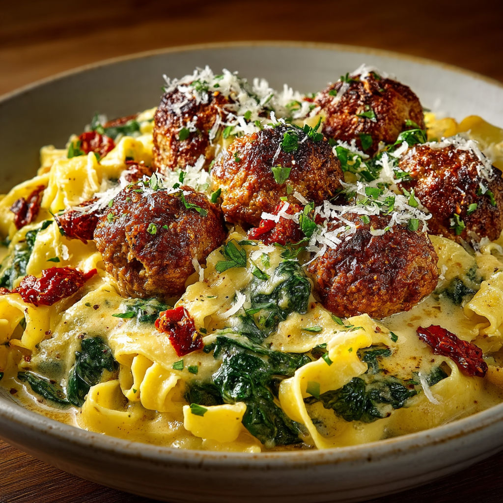 A bowl of pasta with meatballs and sauce.