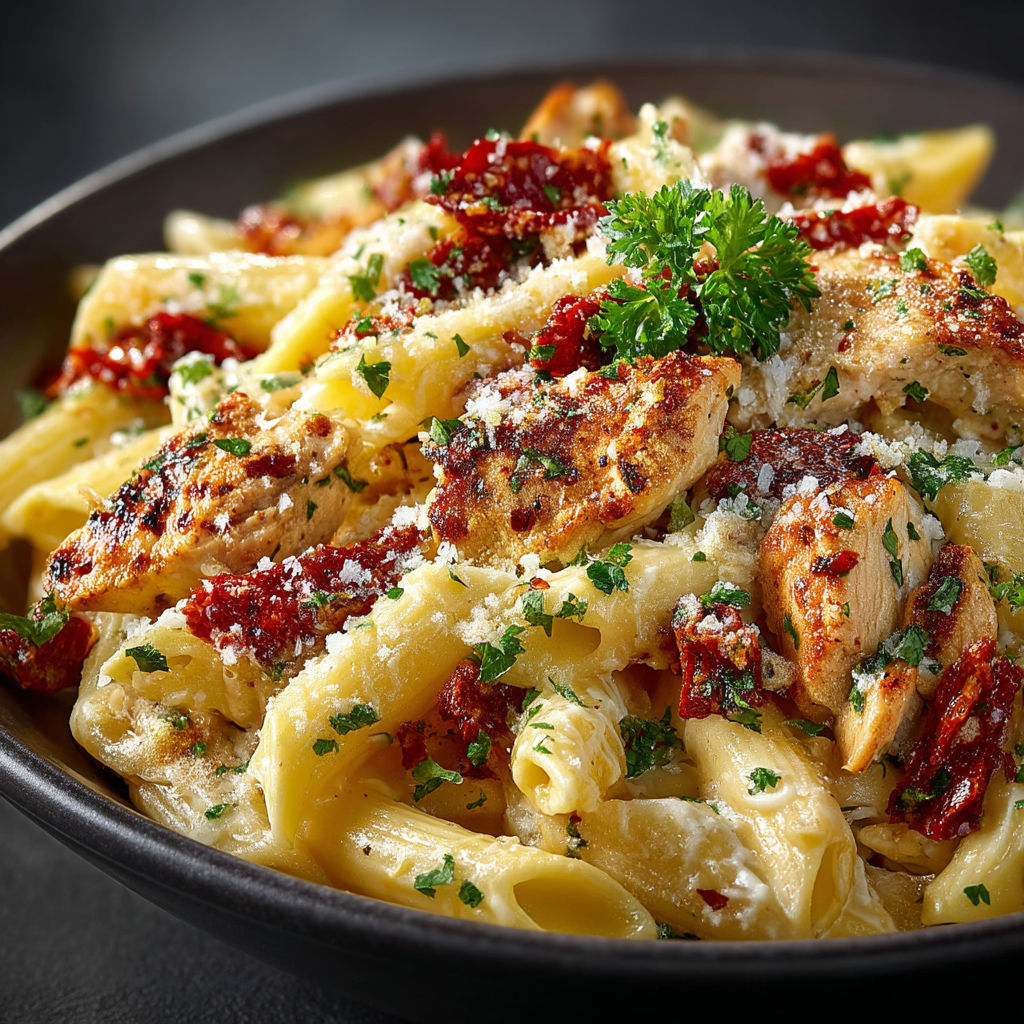 A bowl of pasta with chicken and tomato sauce.