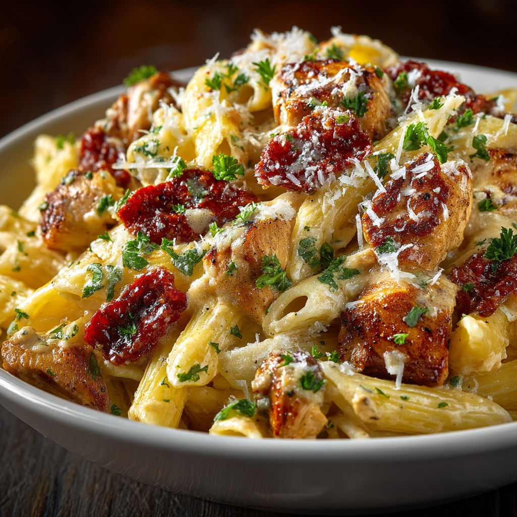 A bowl of pasta with chicken and cheese.