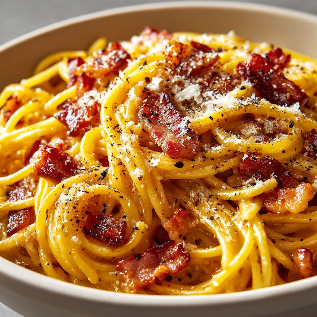 A bowl of pasta with bacon and cheese.